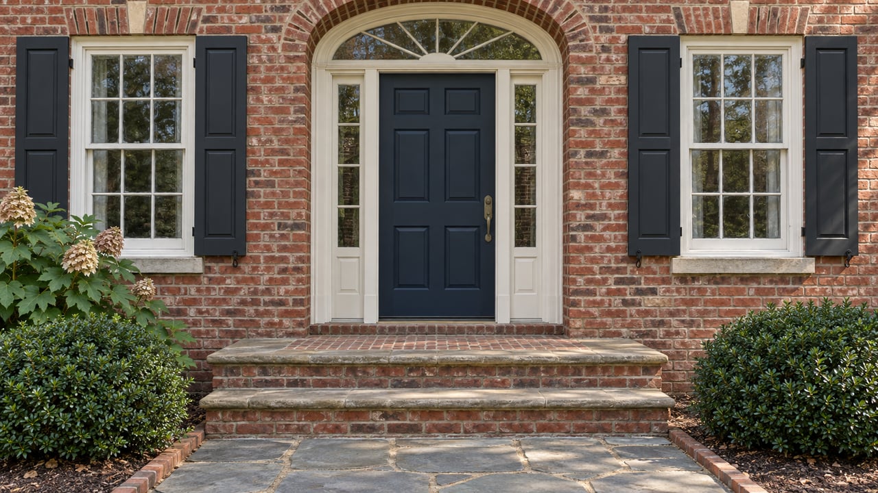 Weathered red-brick home entrance with a navy paneled door, fanlight, paired shuttered windows and brick steps beside clipped inkberry and oakleaf hydrangea.