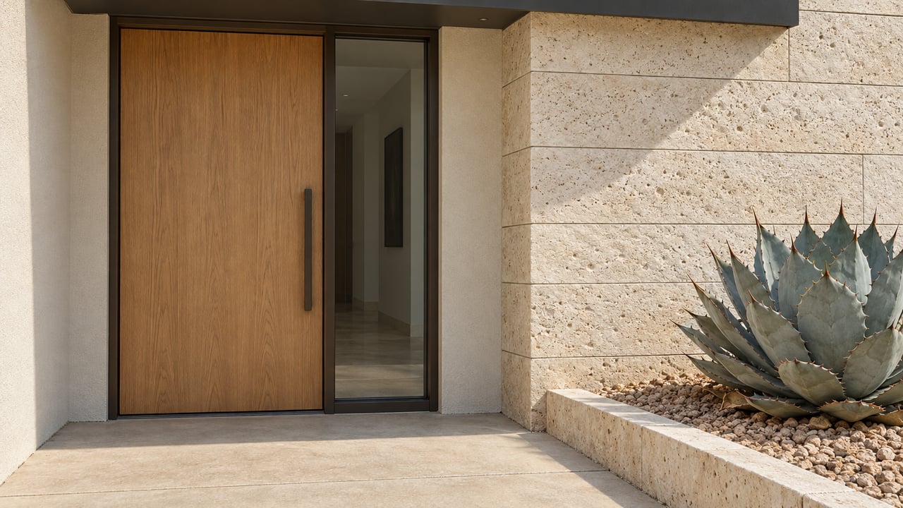 Contemporary recessed oak entry with a glass sidelight, pale limestone pier and blue-gray agave beside a concrete landing.