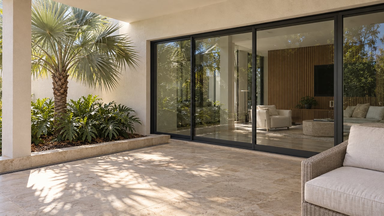 Sunlit limestone terrace beside glass living-room doors, with an ivory outdoor sofa and a silver fan palm.
