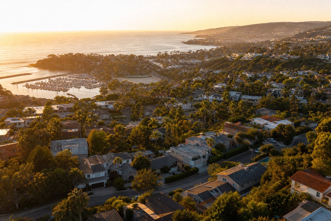 Aerial view of Dana Point homes, marina, and coastline in warm evening light.