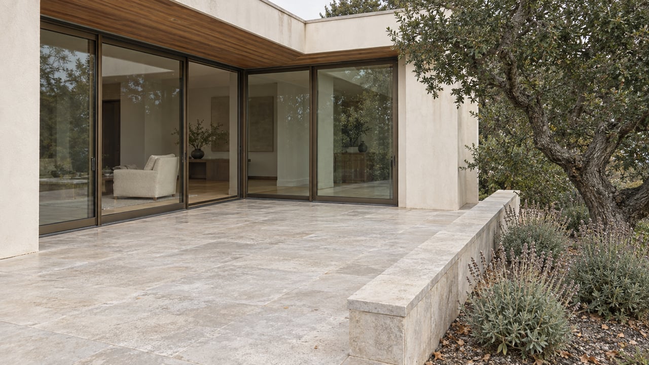 Ivory stucco and cedar frame a glazed home corner beside a limestone terrace and a planted retaining wall.
