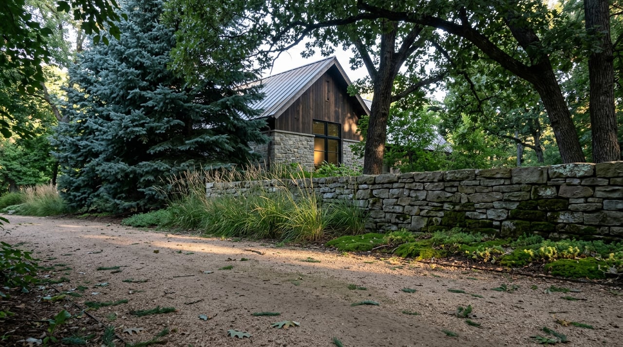 Trail passes a dry-stacked stone wall beneath trees; a house gable peeks through canopy.