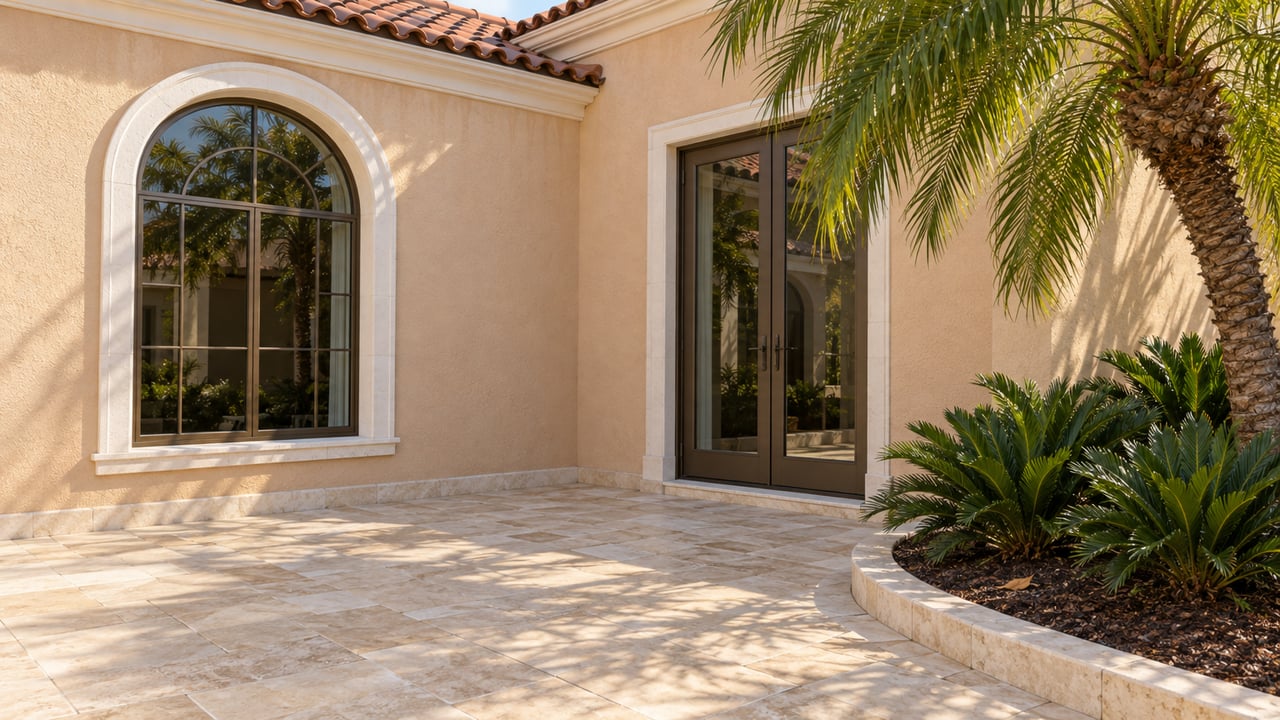 Sunlit peach-stucco courtyard with an arched bronze-framed window, limestone terrace and a sculptural palm in a raised planting bed.