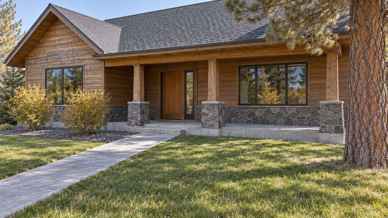 Wood-sided home with a stone porch base, concrete walkway, and pine trees framing the front yard.