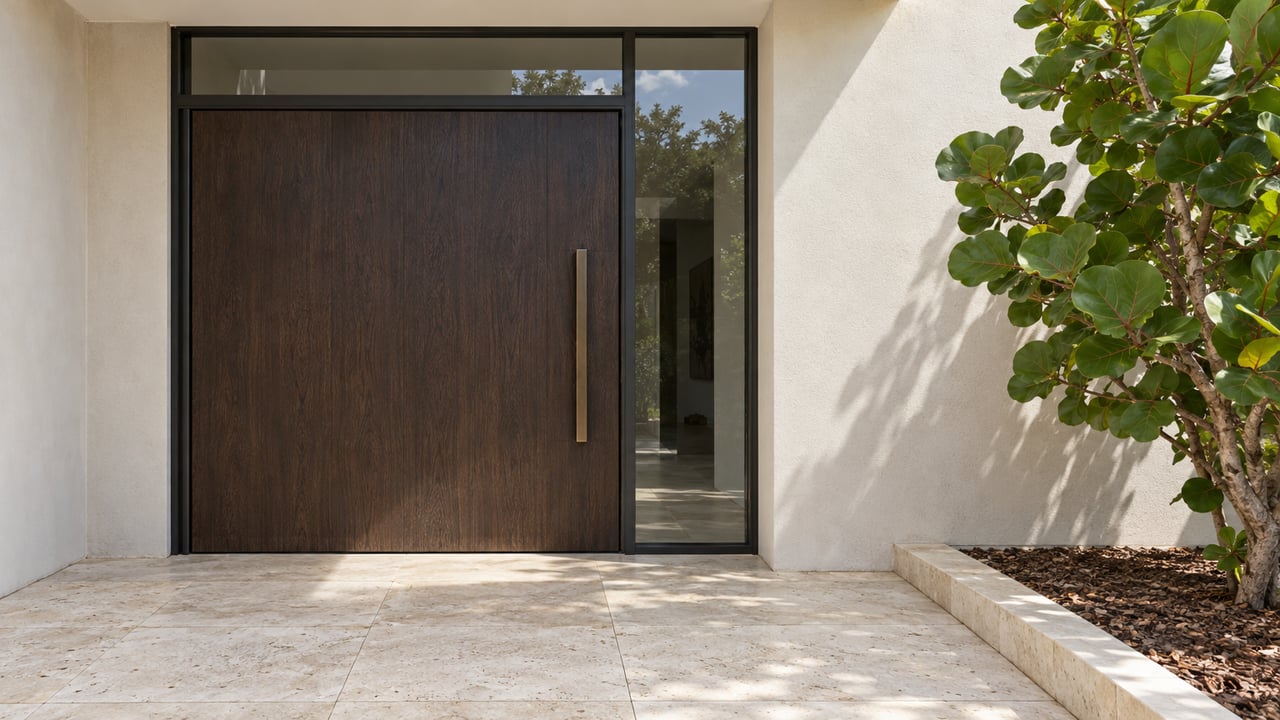 Dark wood pivot door, glazed sidelight and cream stucco above a limestone entry landing with a sea grape specimen.