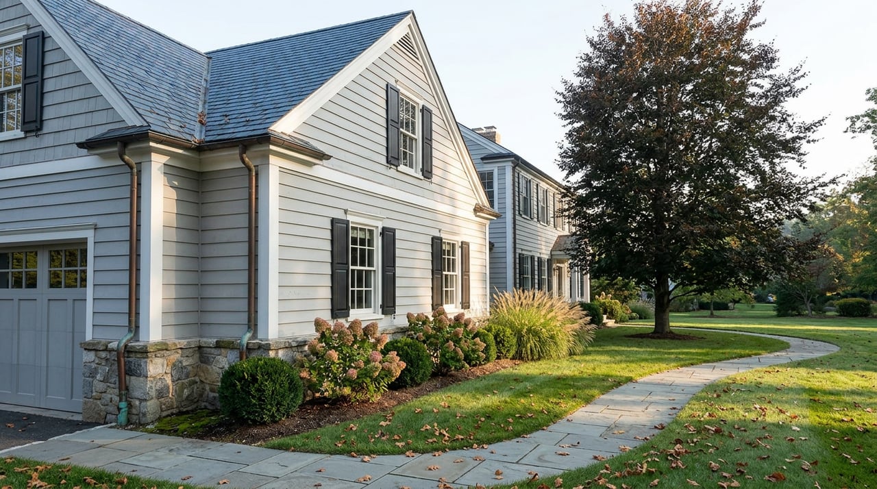 Gray two-story clapboard house with a slate roof, fieldstone foundation, lawn, and copper beech tree.