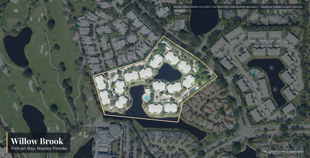 Aerial view of Willow Brook at Pelican Bay, Naples, Florida, with its parcels outlined
