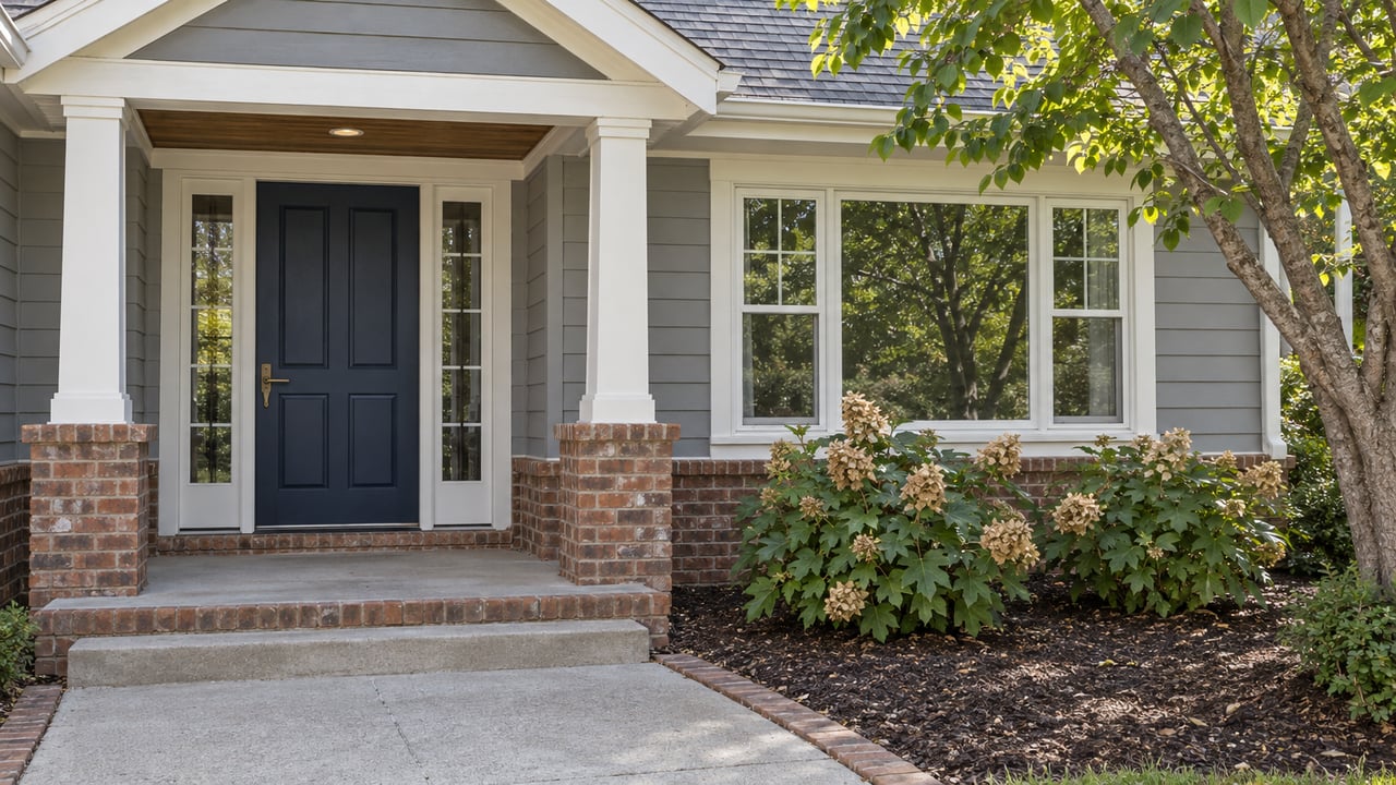 Gray-sided home entry with white porch columns, red-brown brick piers, a navy front door and a redbud beside the concrete walk.