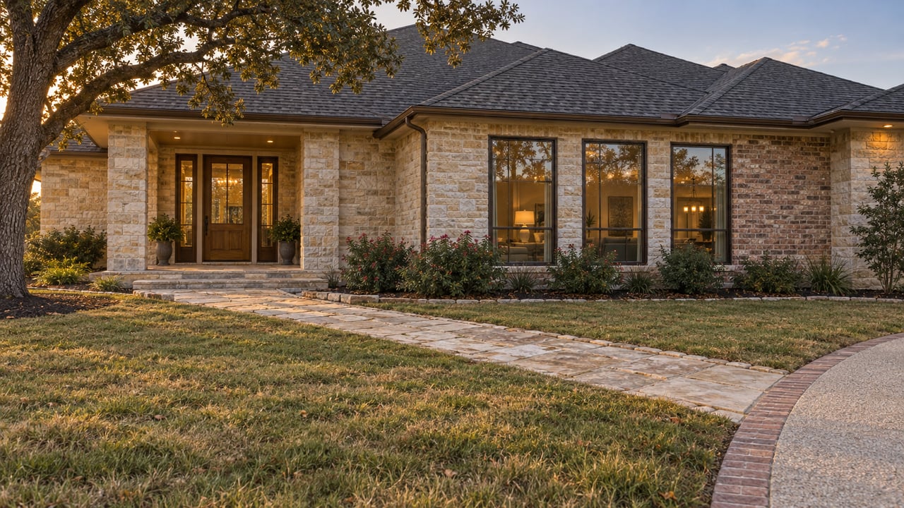 Early evening light on a low stone-and-brick home with charcoal gables, a broad autumn lawn, limestone approach, and a mature oak.