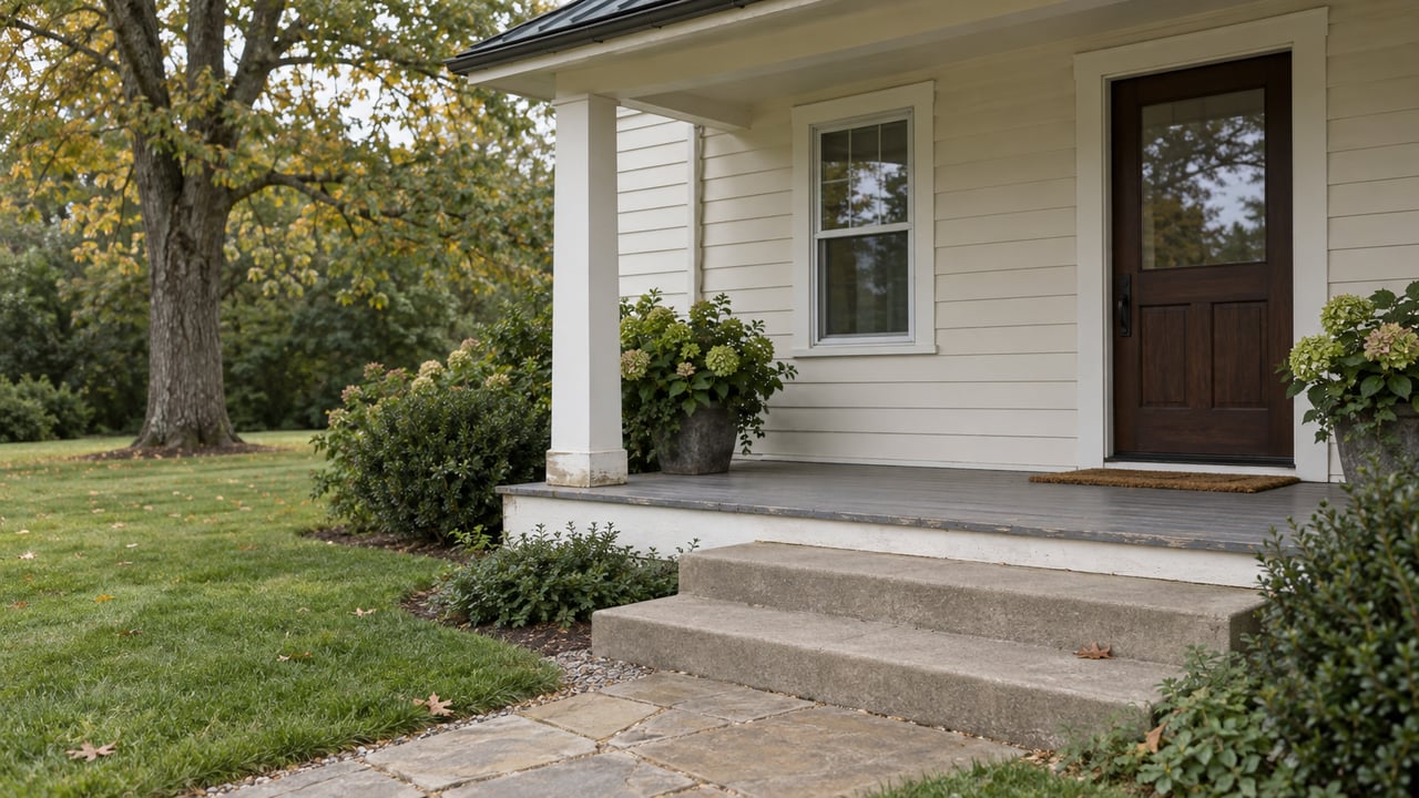 Ivory-sided house with a dark entry door, broad porch steps, sandstone path, and an oak at the lawn’s edge.