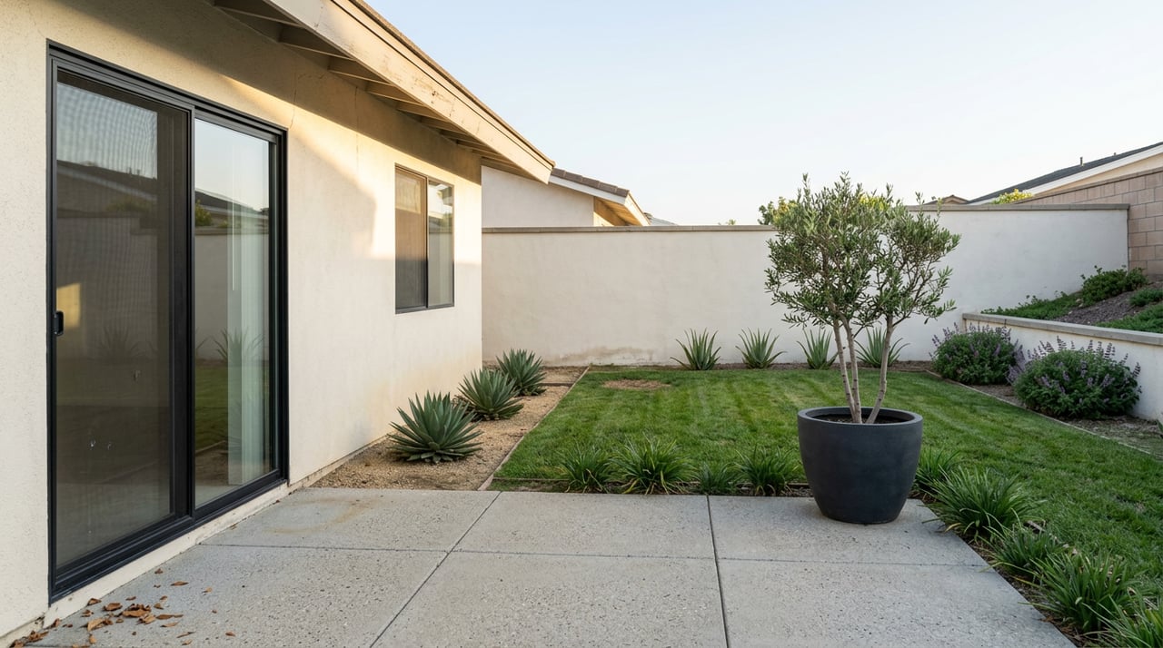 Concrete patio beside a stucco house, with a sliding glass door, lawn, olive tree, and drought-tolerant plants along a block wall.