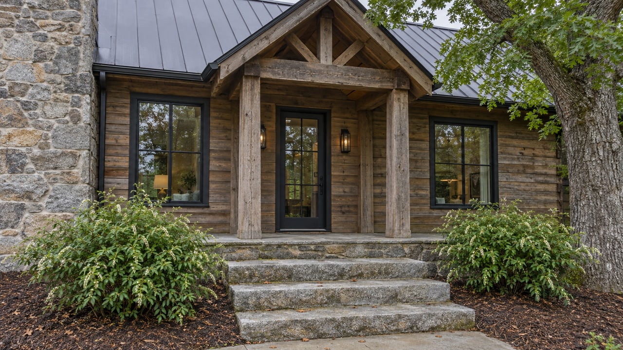 Wood-and-stone house entrance with a glazed black door, granite steps, flanking shrubs, and an oak tree.