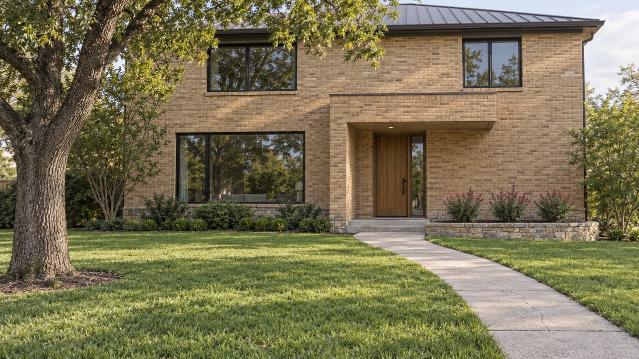 An updated two-story buff-brick home with dark window frames, an oak entrance and a deep lawn beneath a mature oak.