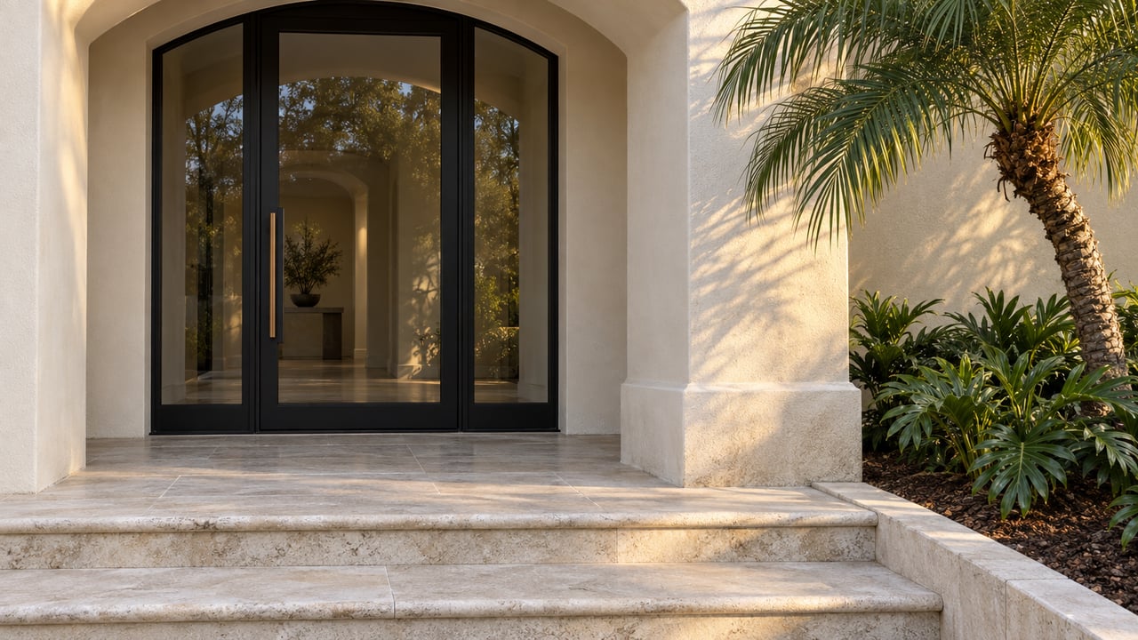 Cream stucco arched entry with black-framed glass door, pale limestone steps and a specimen palm in warm evening light.