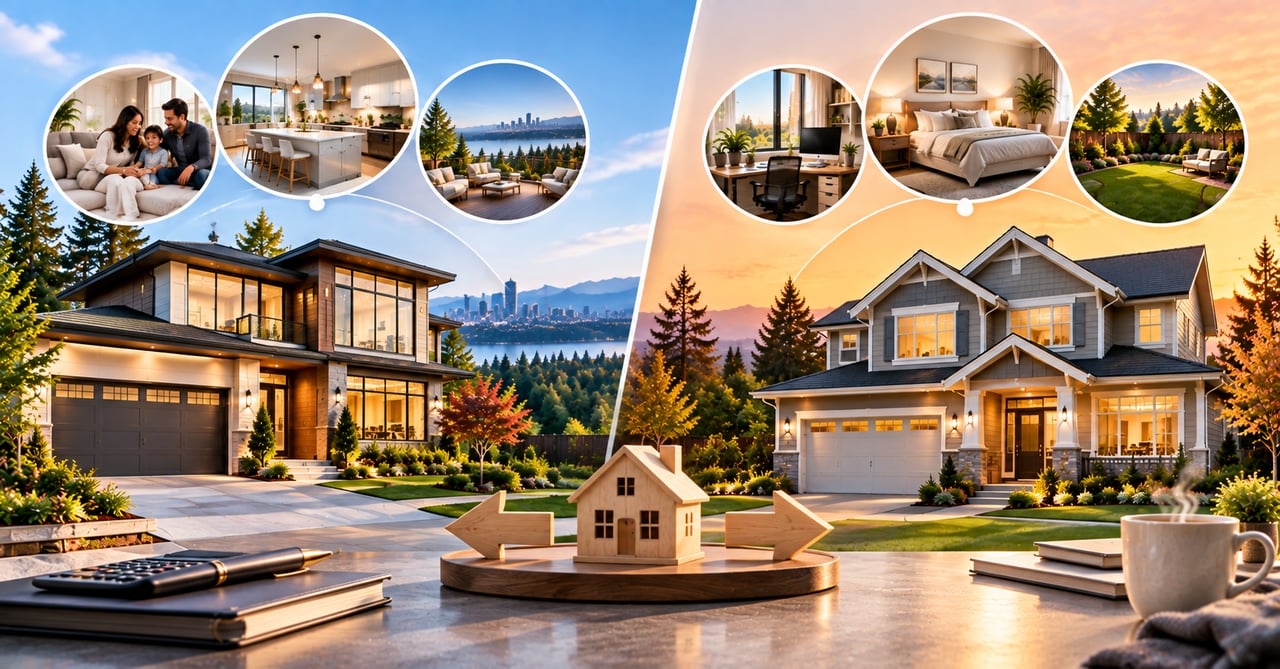 Real estate montage of two homes, with interior views and a model house between directional arrows