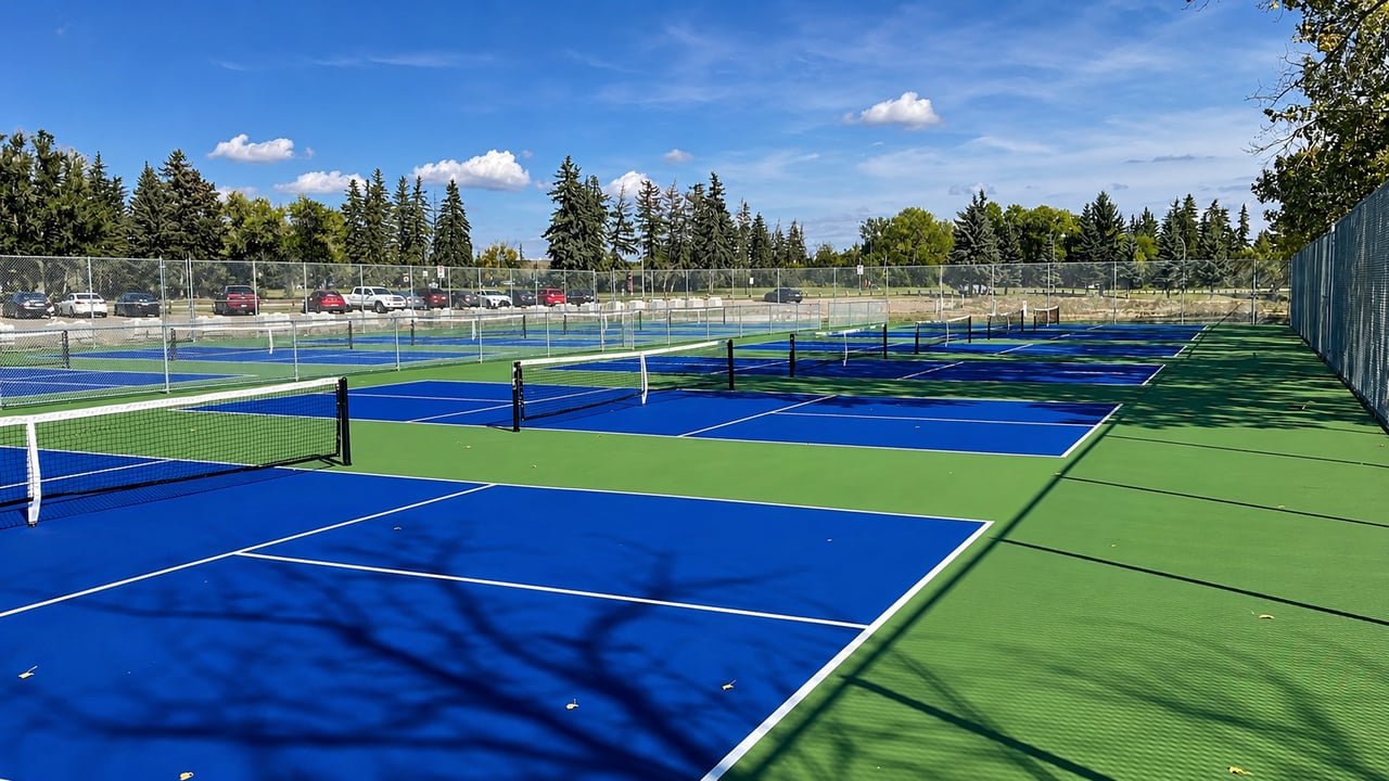 Multiple outdoor pickleball courts with blue and green surfaces at a Calgary recreation facility, featuring fenced courts, surrounding trees, and clear sunny weather.