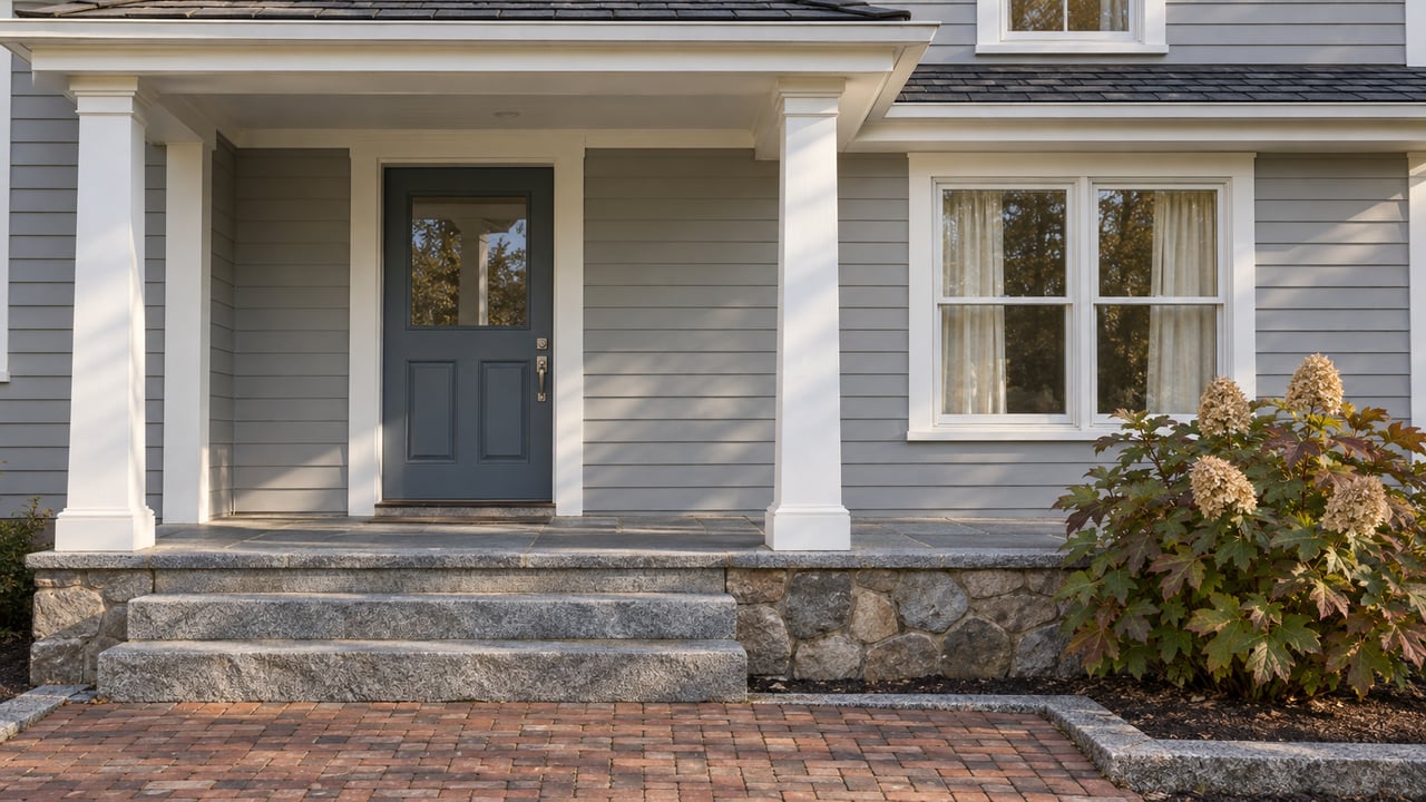 Morning light on a pale gray clapboard home's covered entry, granite steps, brick landing, and oakleaf hydrangea.