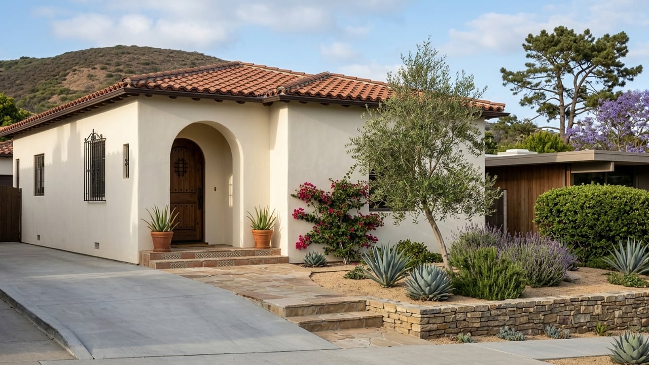 White stucco house with a terracotta roof, arched entry, and drought-tolerant landscaped garden.