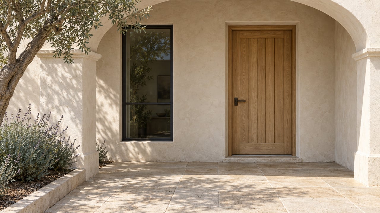 Sunlit stucco arch framing an oak front door and dark steel window above a limestone entry terrace, with an olive tree beside the stone-bordered planting bed.