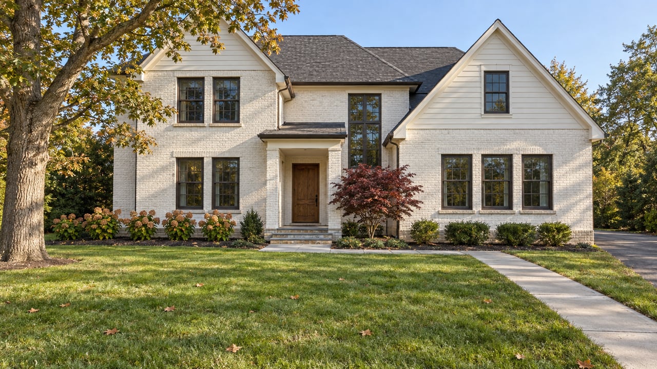 An ivory brick and siding home with layered gables, a deep autumn lawn, mature oak and burgundy maple beside a raised stone entry porch.