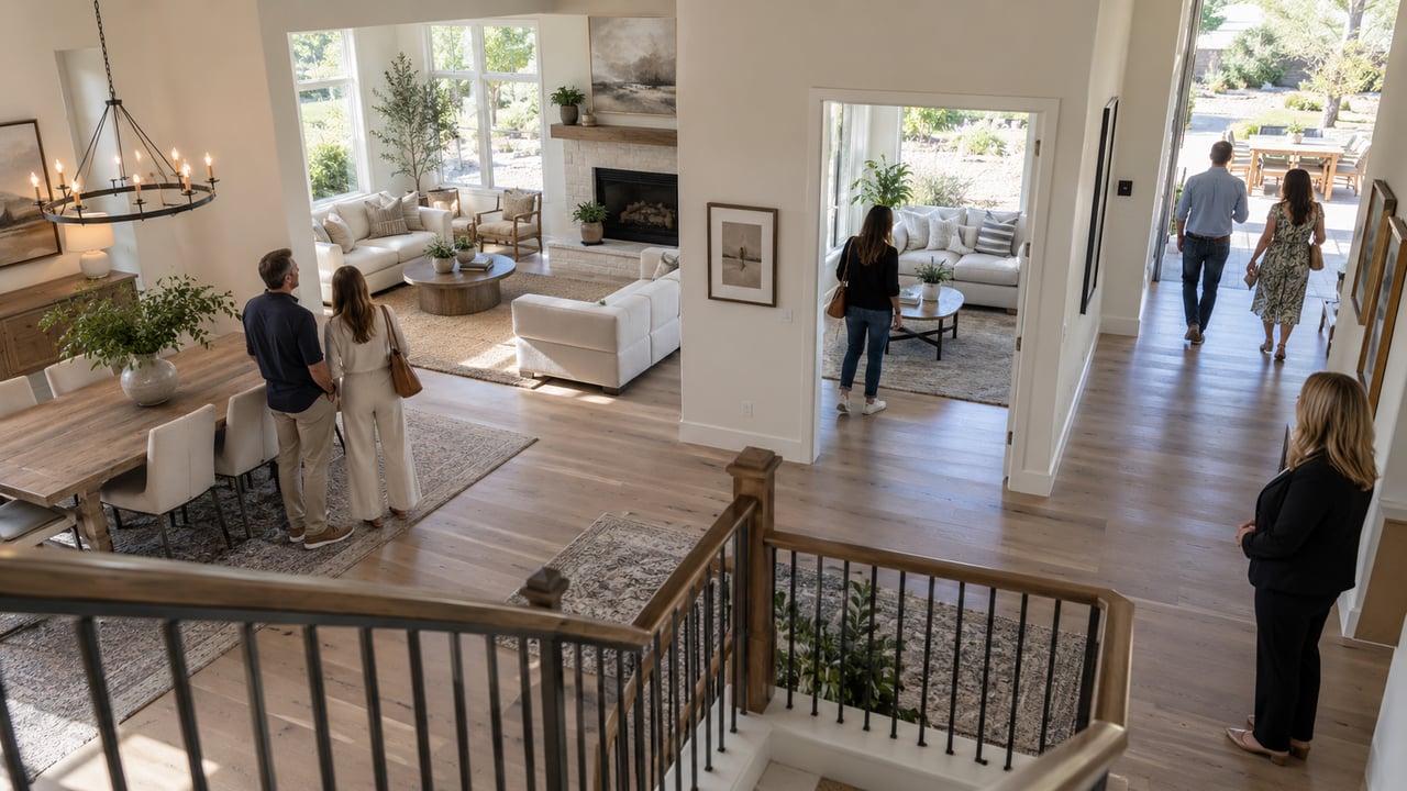 Several buyer groups move through different parts of one home while the listing agent observes how visitors respond to the space.