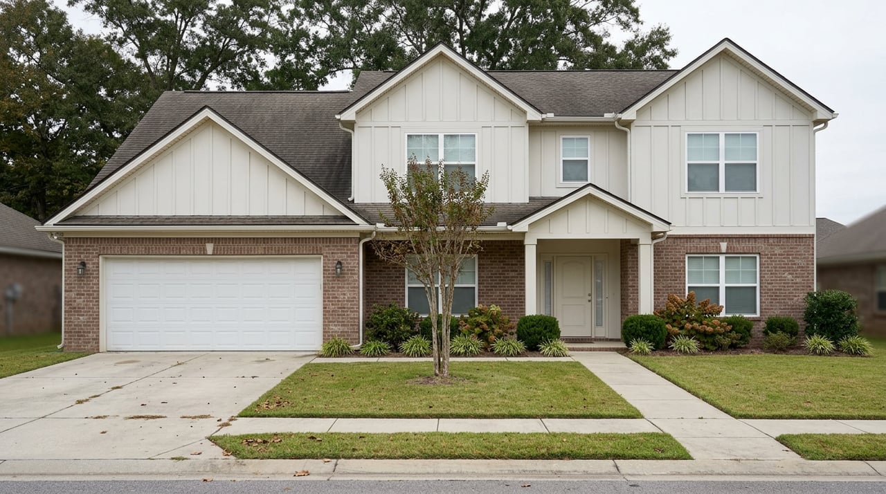Two-story house with brick lower facade, off-white siding, twin gables, porch, garage, and oak canopy.