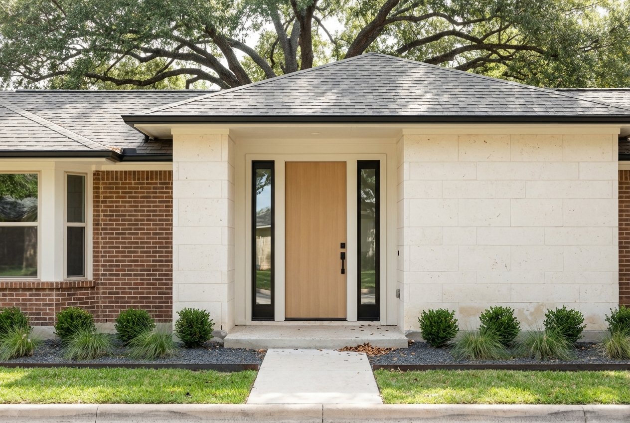 Entry facade combining brick and limestone, with black-bronze windows, a white-oak door, and live oaks.