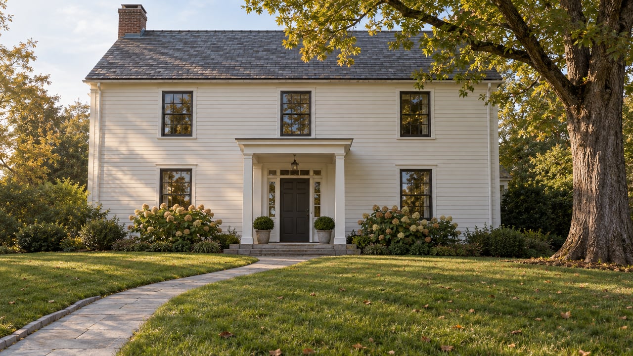 Warm-white two-story clapboard house behind a curving granite walk, with a broad oak and tan hydrangeas.