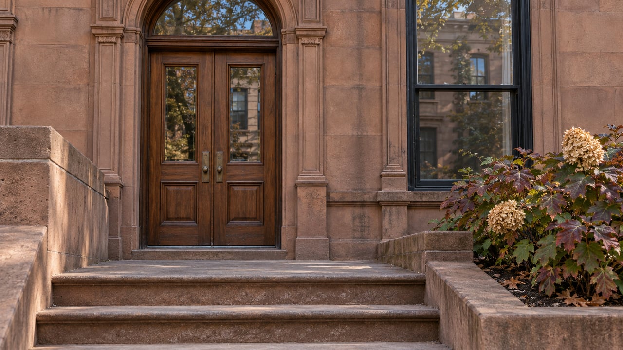 Stone building entrance with arched transom, dark wooden double doors, and autumn shrubs.