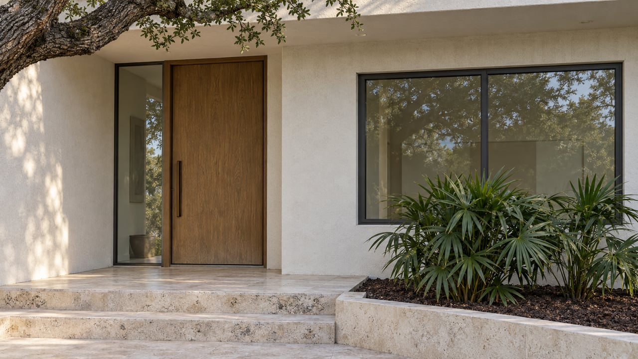Close view of a white stucco home's oak front door, dark-framed window and pale limestone entry steps beneath an oak branch.