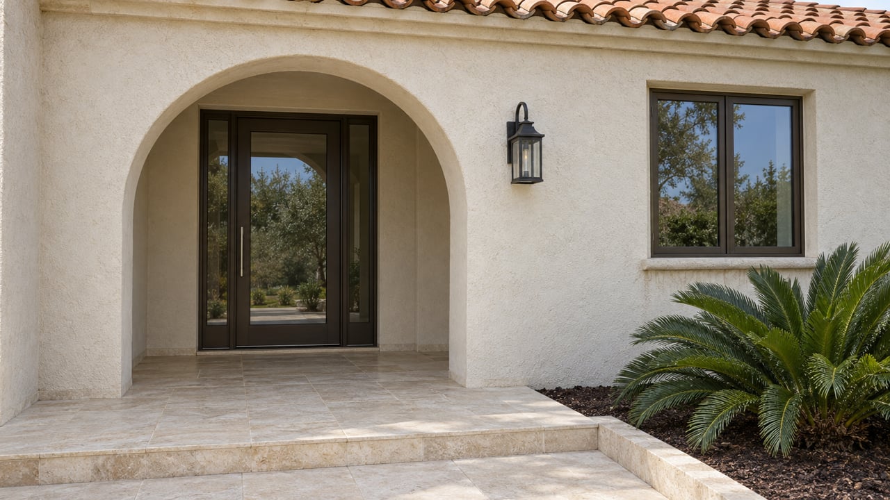 Stucco home entrance with an arched porch, dark glass door, tiled steps, and terracotta roof.