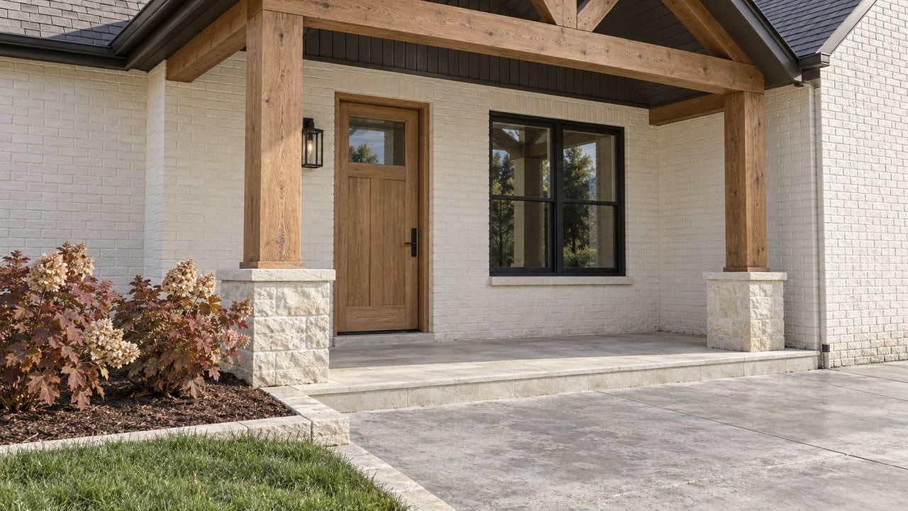 Covered home entry with ivory painted brick, oak posts, a closed wood door, limestone steps and oakleaf hydrangeas beside a concrete approach.