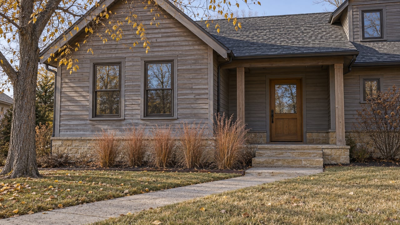 A cedar-sided gabled home with sandstone steps, a deep autumn lawn and a mature tree in afternoon sunlight.
