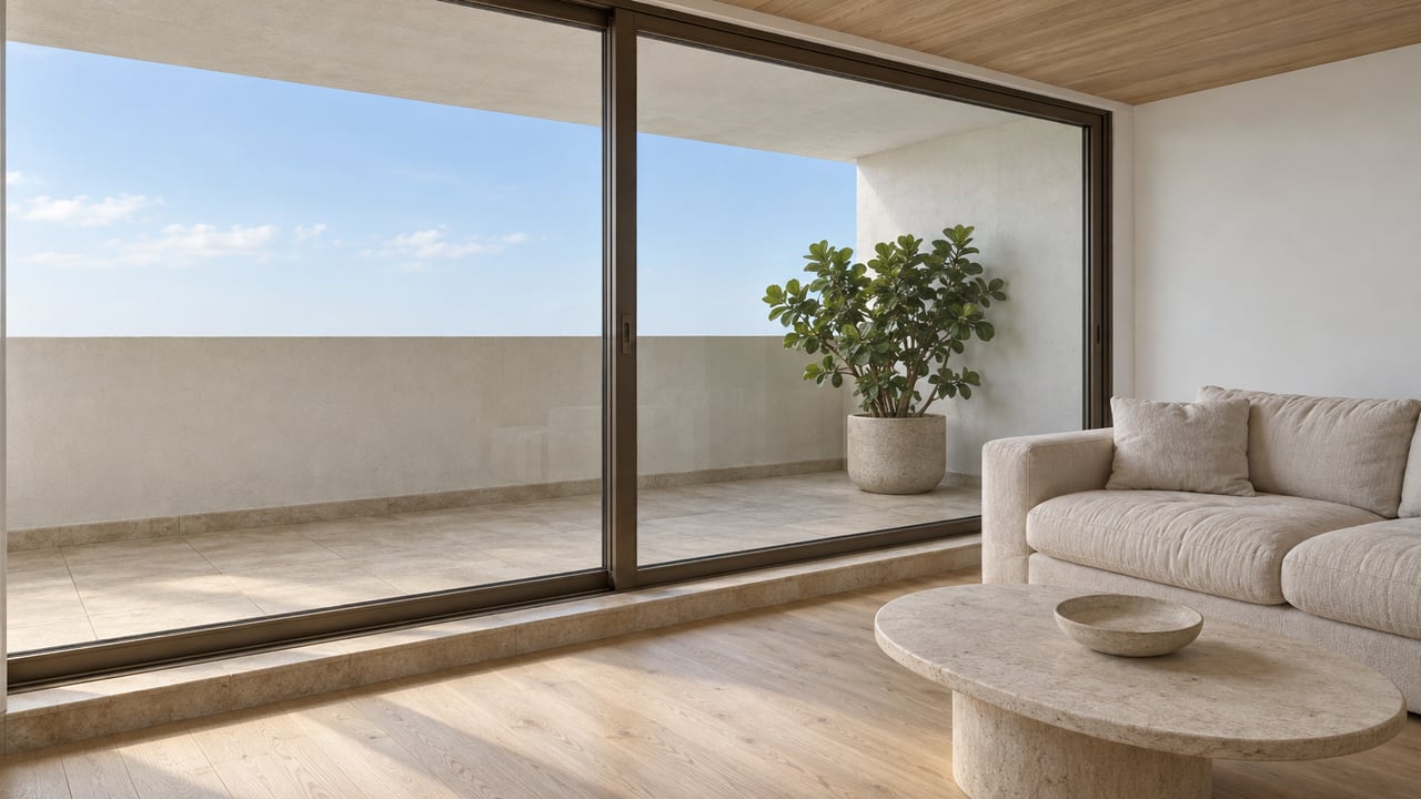 Pale oak and cream linen condominium living room behind closed bronze-framed glass, opening visually onto a covered limestone balcony with a sea grape specimen.