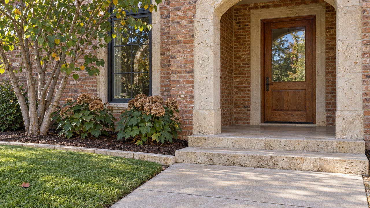 Cream limestone arch and rust-red brick surround a glazed oak entry door beside a redbud and oakleaf hydrangeas.