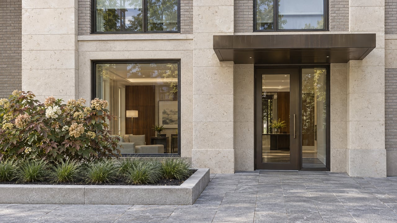 Limestone and warm gray brick condominium entrance with bronze-framed glazing, a stone approach, and oakleaf hydrangea planting.