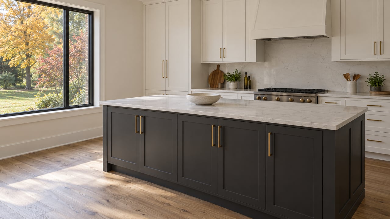 Kitchen with a charcoal island, white shaker cabinets, and amber autumn trees visible through a dark-framed window.