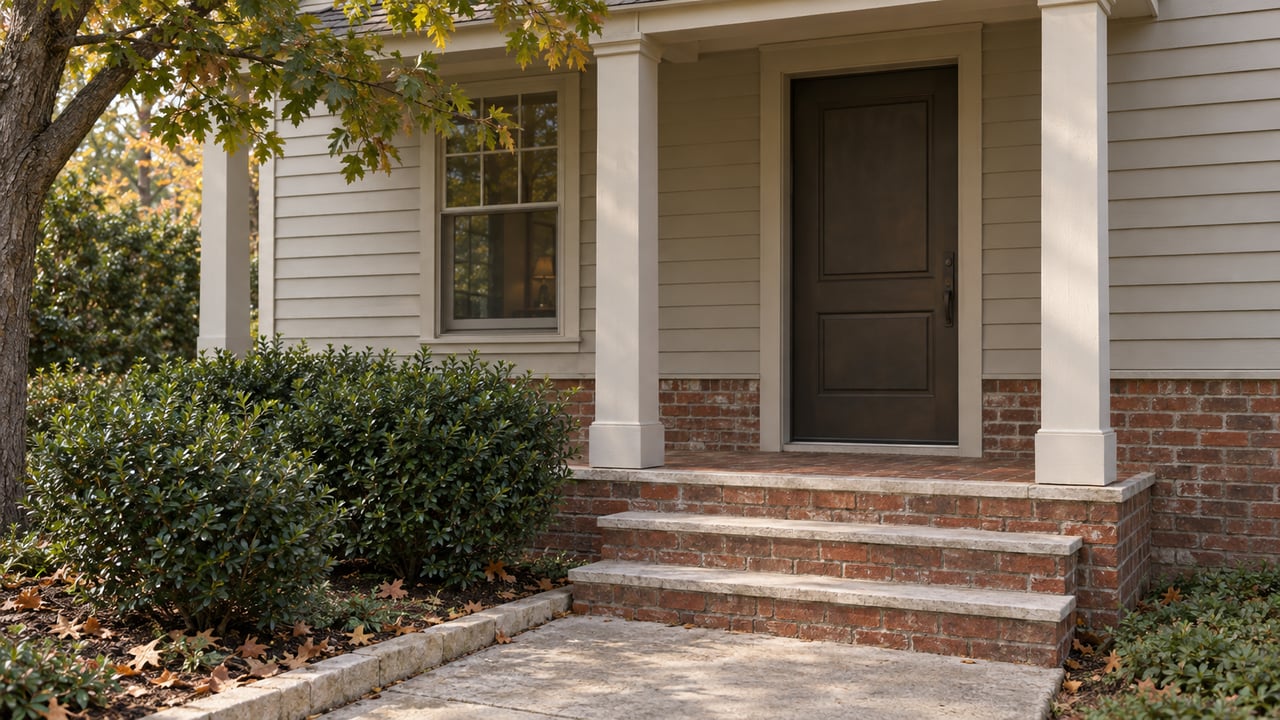 Recessed bronze front door framed by timber porch posts, brick steps, inkberry shrubs, and a white oak canopy.