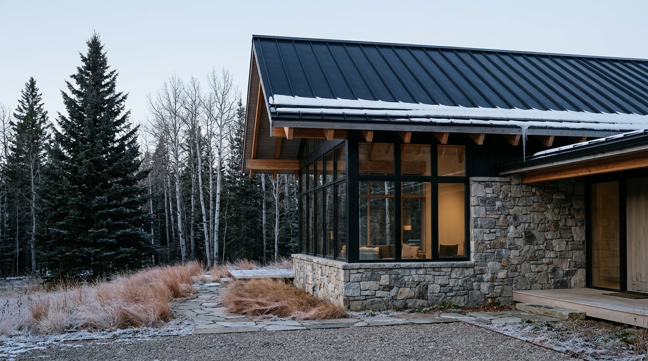 Mountain home with a stone base and glass corner glowing warmly beneath a lightly snow-dusted roof.