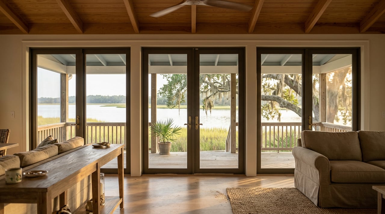 Great room overlooks porch, marsh grass, still water, and a Spanish-moss-draped oak.