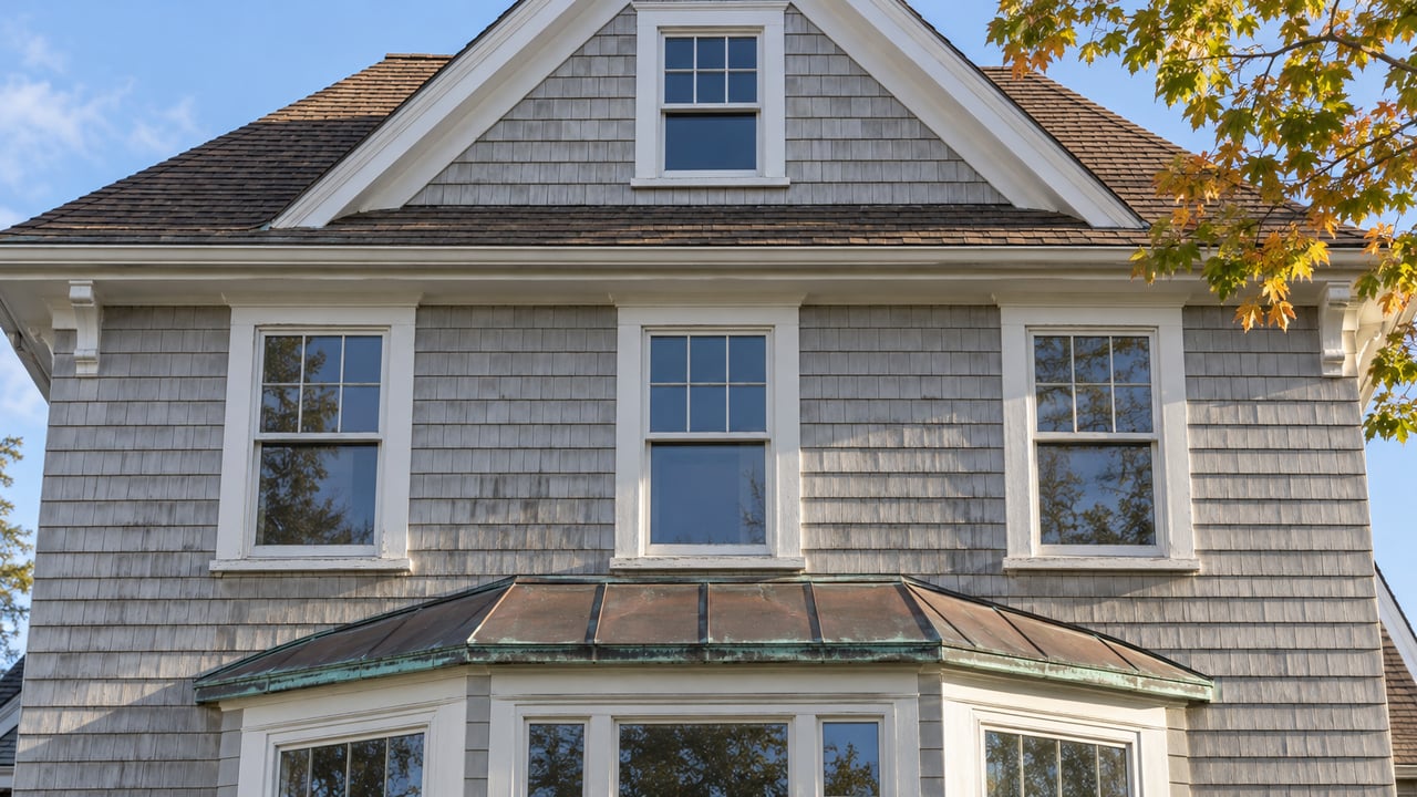 Close view of a gray-shingled house with white-trimmed windows, a brown gabled roof and an aged copper bay roof beneath an autumn maple branch.