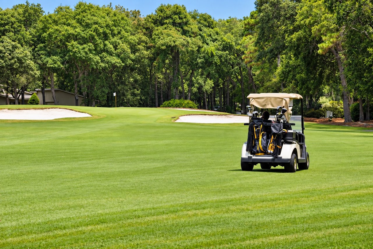 Golf course with sand bunkers and a golf cart carrying clubs in the foreground.