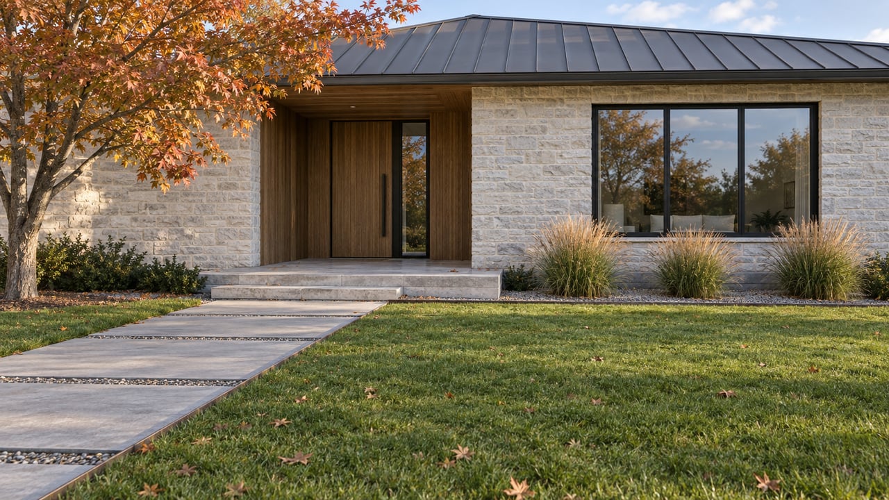 Autumn light across a deep lawn and limestone approach to a stone home with oak entry, dark window frames, and a copper-leaved maple.
