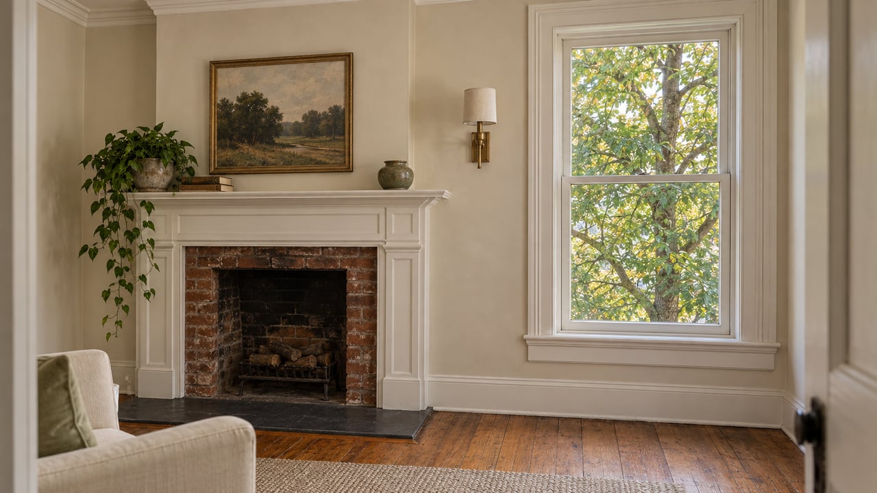 Historic parlor with a painted mantel, dark-slate hearth, narrow sash window, and leafy oak canopy outside.