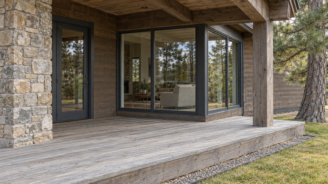 Weathered timber porch beside stone and charcoal-framed windows, with an autumn lawn and a sculptural pine trunk.