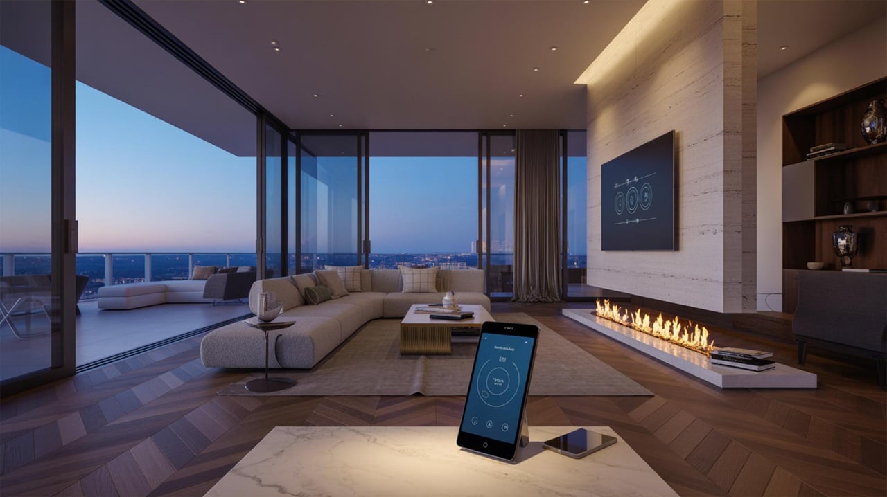 Modern living room with floor-to-ceiling windows, ocean view, sectional sofa, linear fireplace, and a smart-home tablet.