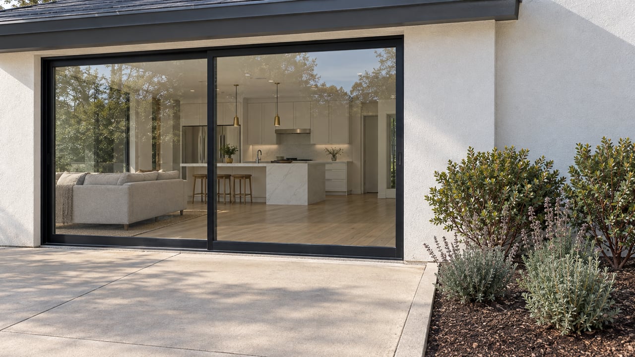 Updated home's white stucco rear facade and black-framed glass doors overlooking a concrete terrace with manzanita and sage planting.