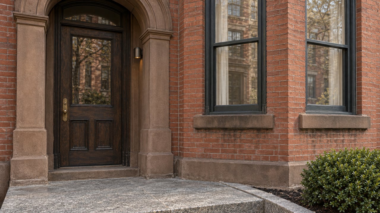Weathered brownstone arch around a closed oak entry door beside a red-brick bay, with a granite landing and a clipped boxwood.