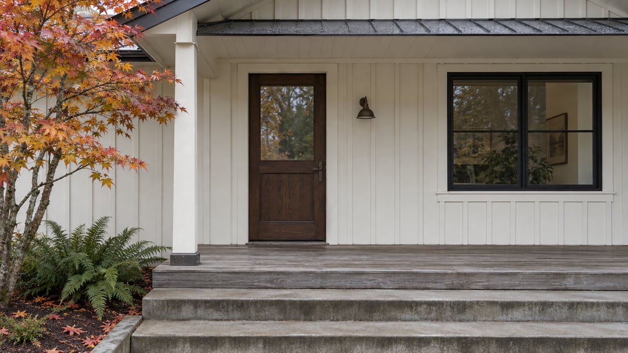 Covered farmhouse entry with white board-and-batten siding, a dark oak door, weathered cedar decking, and autumn vine maple beside concrete steps.