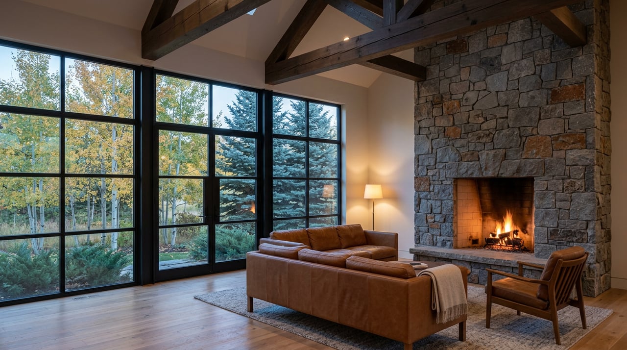 Timber-framed great room with a fieldstone fireplace, leather seating, and golden aspens beyond the steel-framed windows.